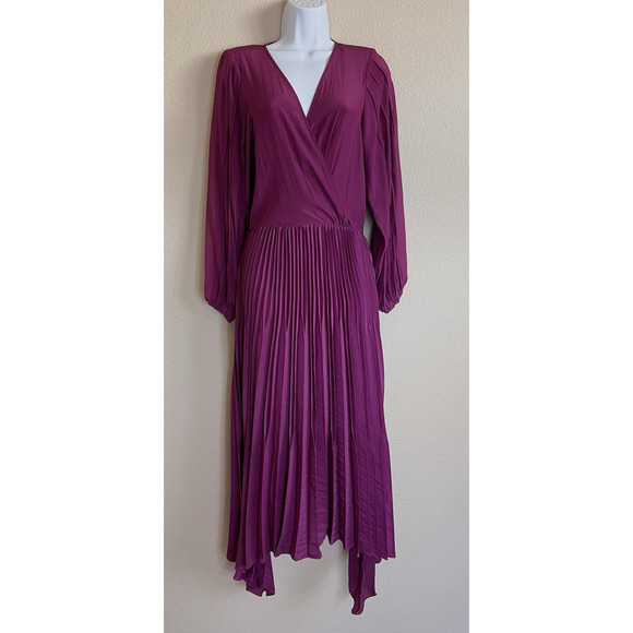 Ramy Brook Sadie Long Sleeve Pleated Midi Dress Size XS PLBRY Shoulder Pads - Picture 2 of 16